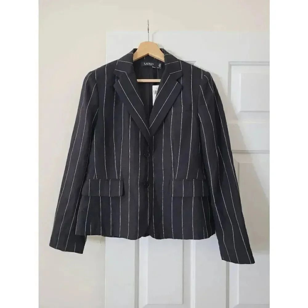 NWT Lauren Ralph Lauren Black Pinstripe Linen Blend Blazer Size 4 $395